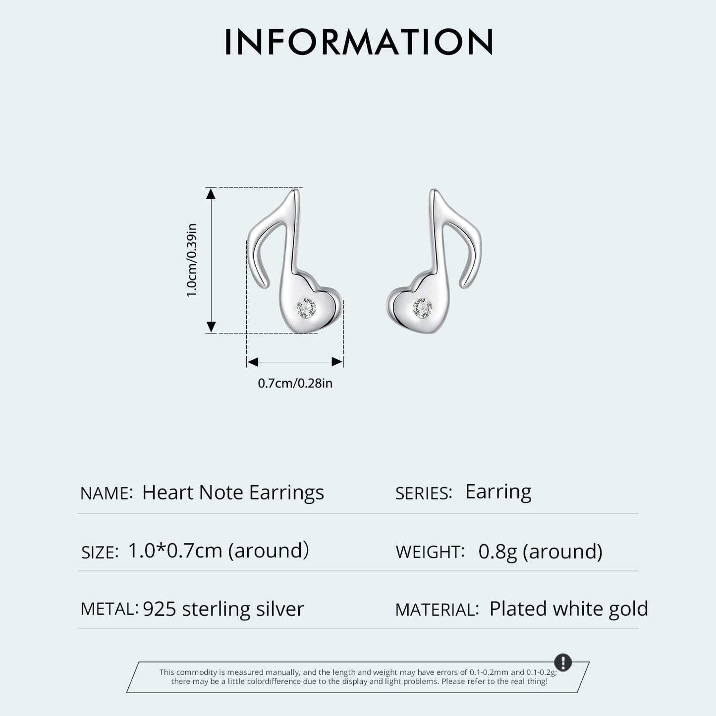 Stud Earrings Heart Note S925 Silver With CZ Stone