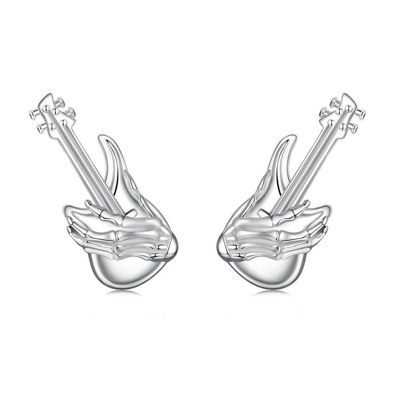 Stud Earrings Skeleton Hand Playing Bass S925 Silver