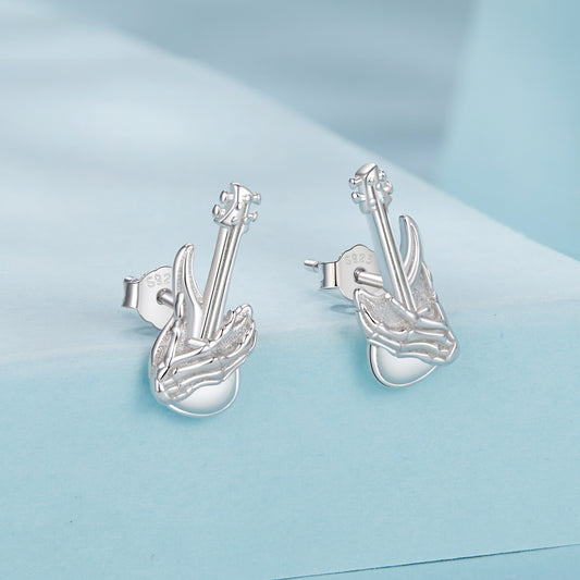 Stud Earrings Skeleton Hand Playing Bass S925 Silver