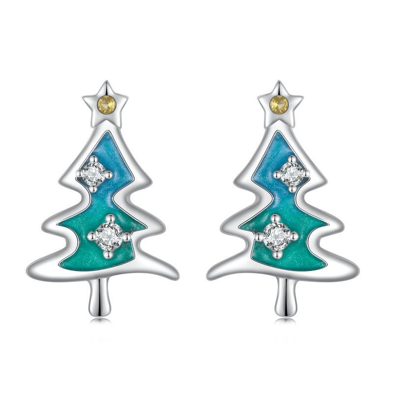 Stud Earrings Christmas Tree S925 Silver With CZ Stones