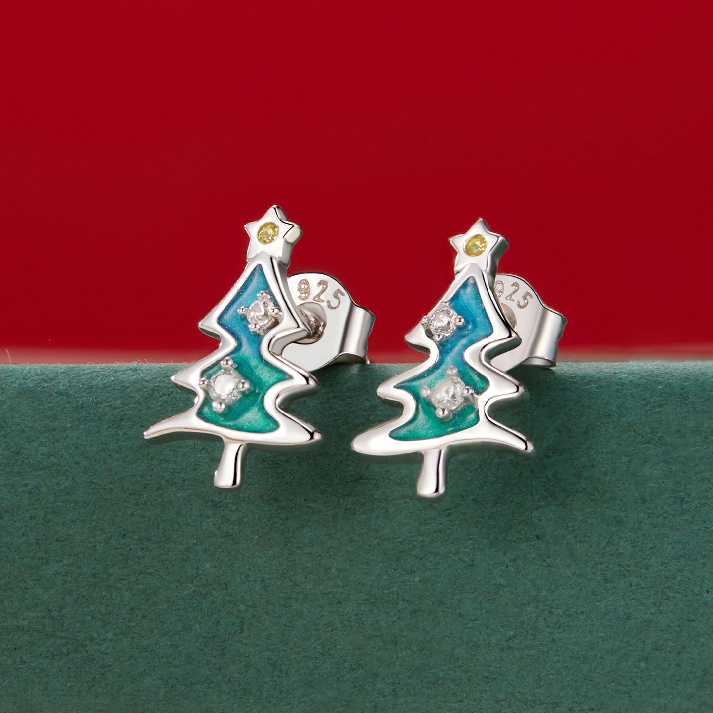 Stud Earrings Christmas Tree S925 Silver With CZ Stones