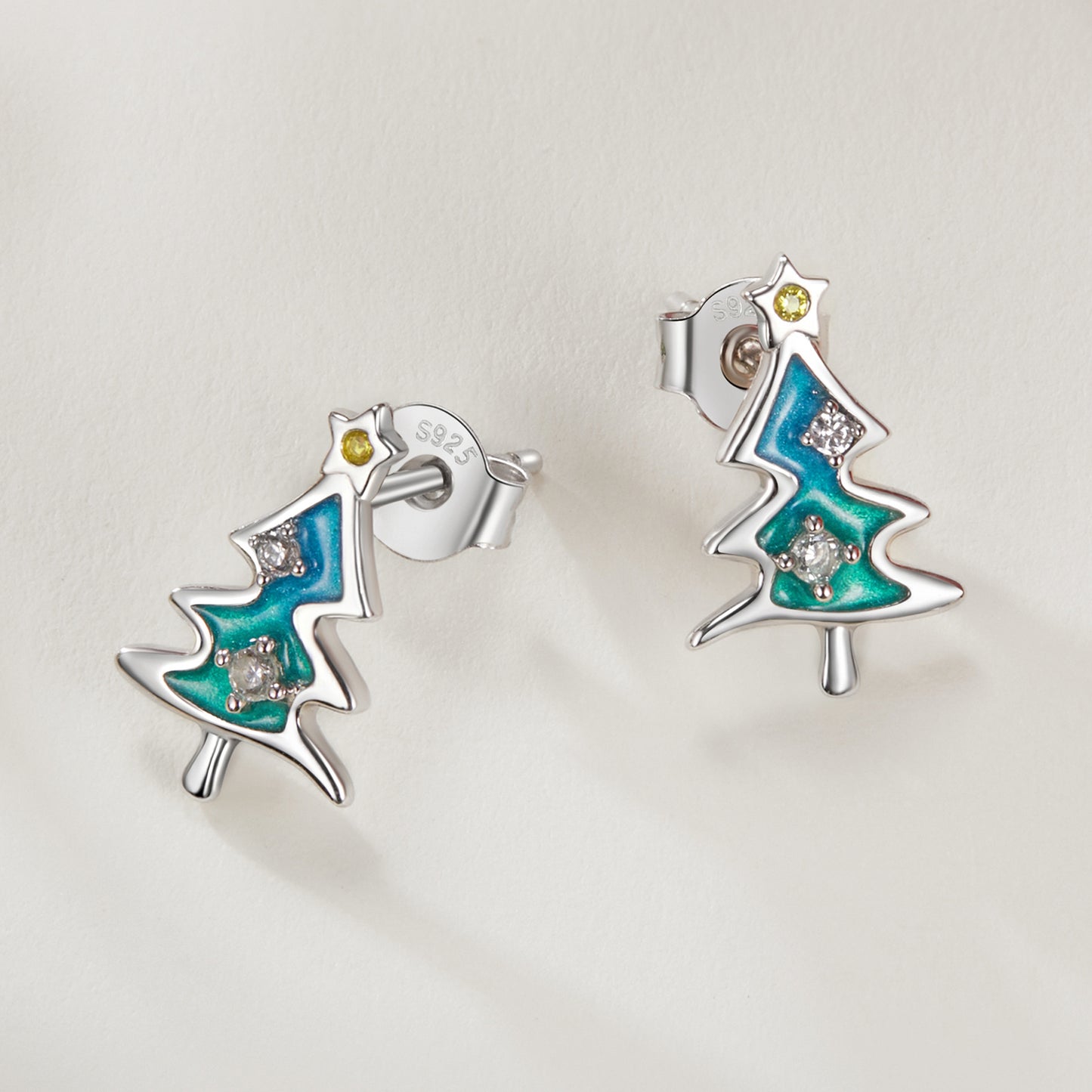 Stud Earrings Christmas Tree S925 Silver With CZ Stones