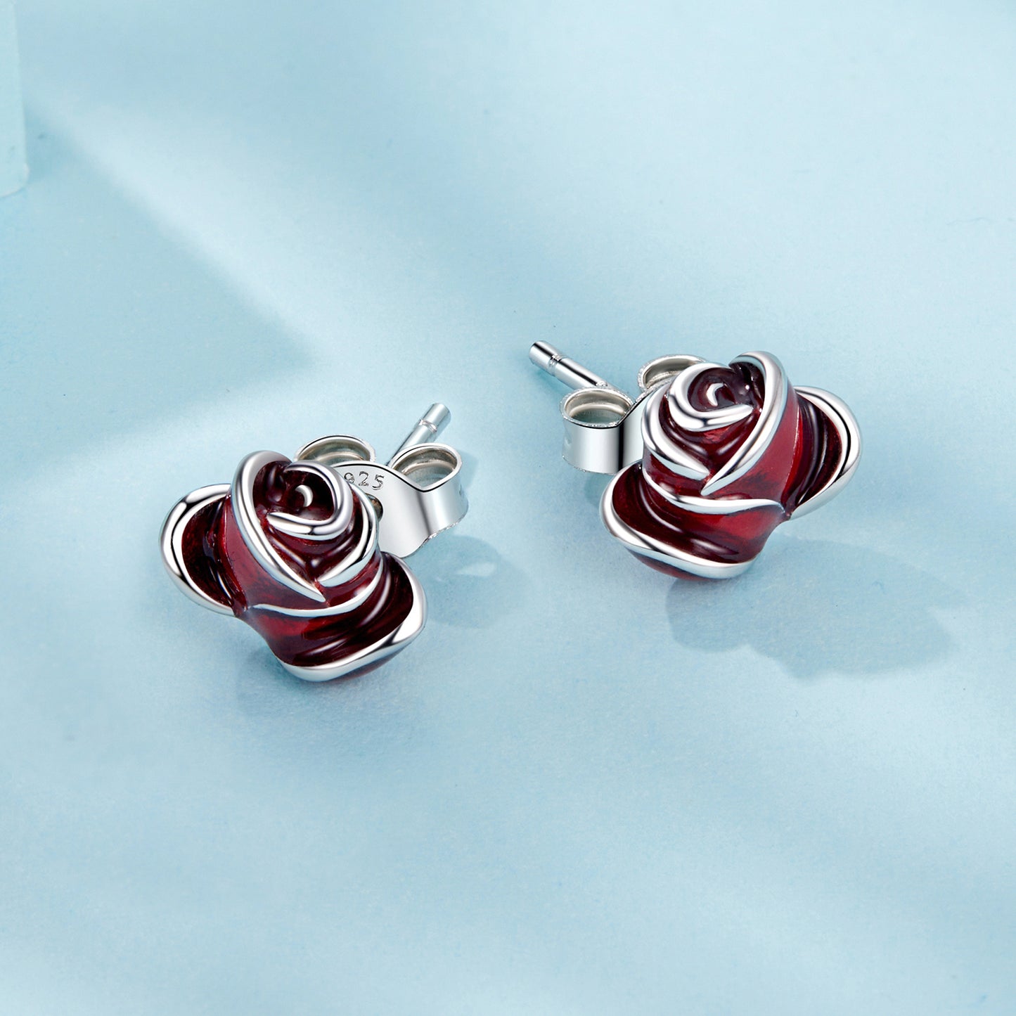 Stud Earrings Passionate Red Rose S925 Silver