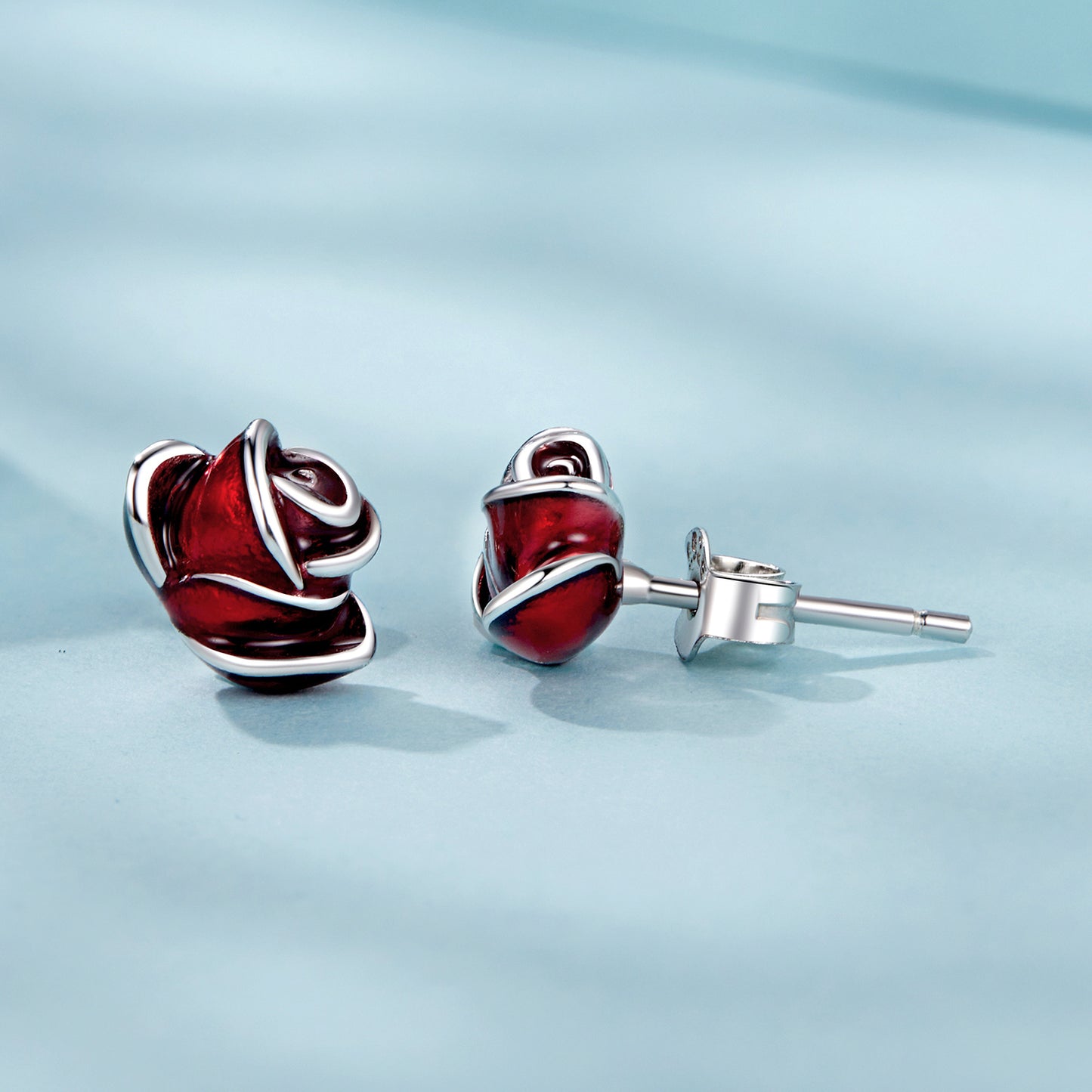 Stud Earrings Passionate Red Rose S925 Silver