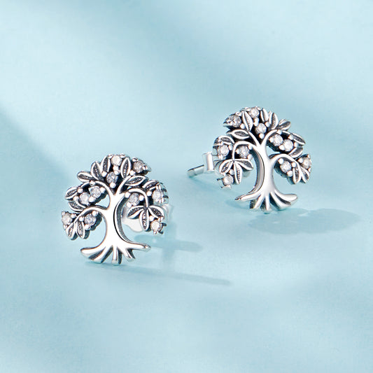 Stud Earrings Tree Of Life S925 Silver With CZ Stones