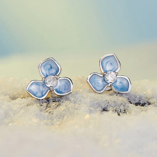 Stud Earrings Elegant Blue Flower S925 Silver With CZ Stone