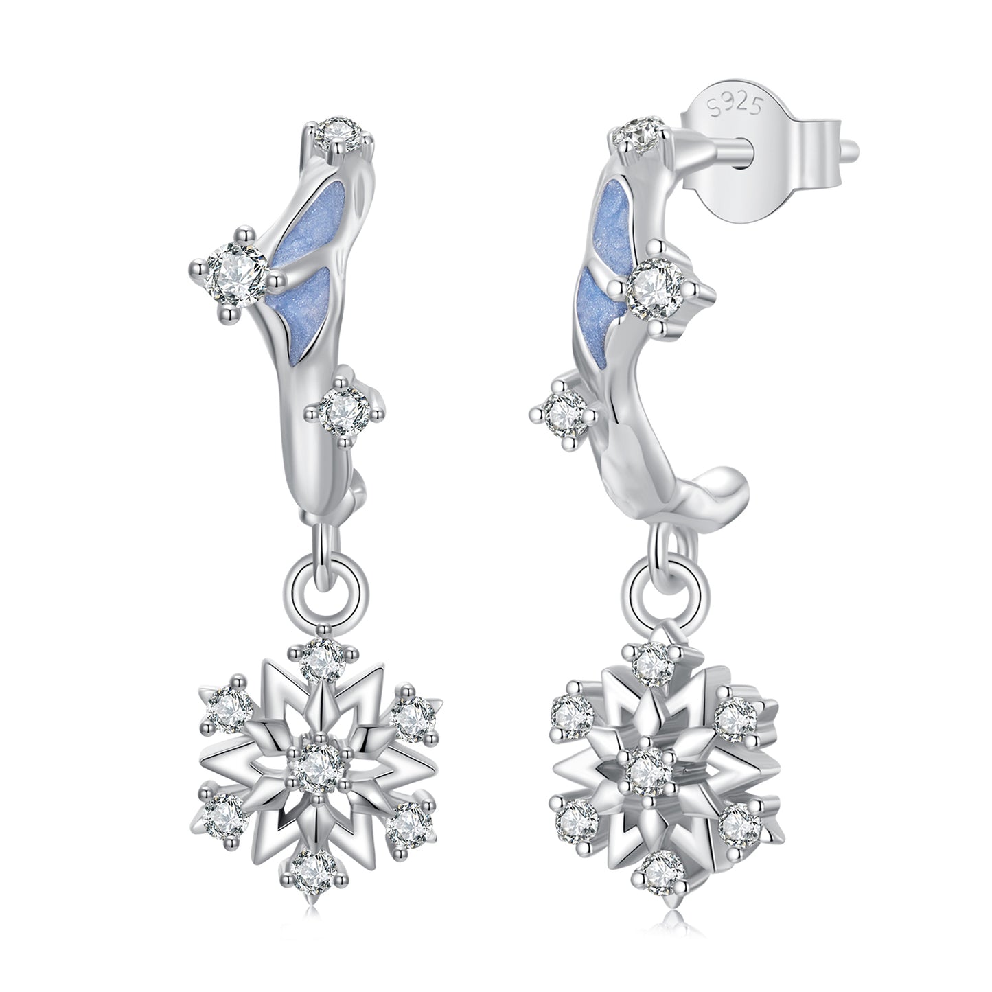 Drop Earrings Flower And Snowflake S925 Silver With CZ Stones