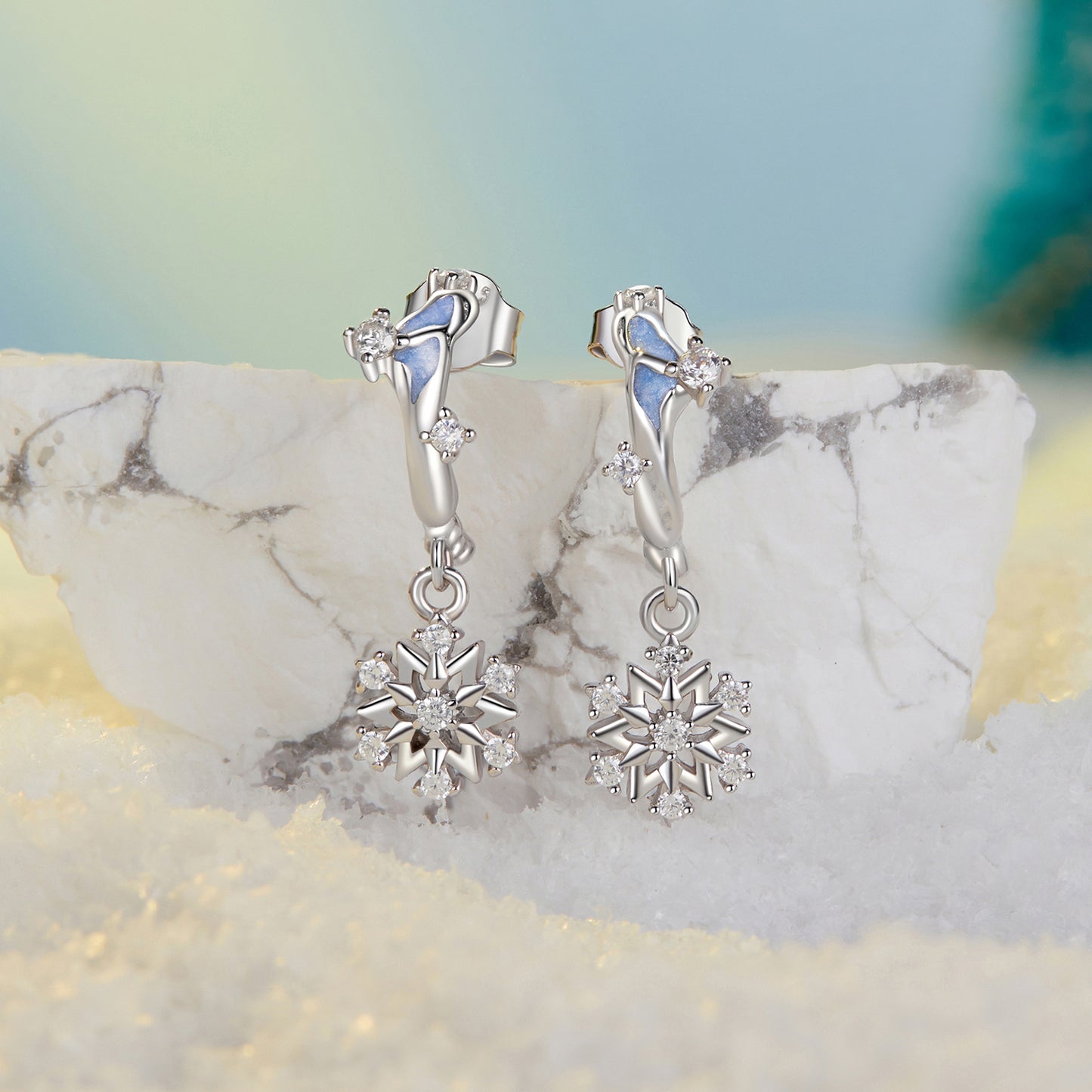 Drop Earrings Flower And Snowflake S925 Silver With CZ Stones