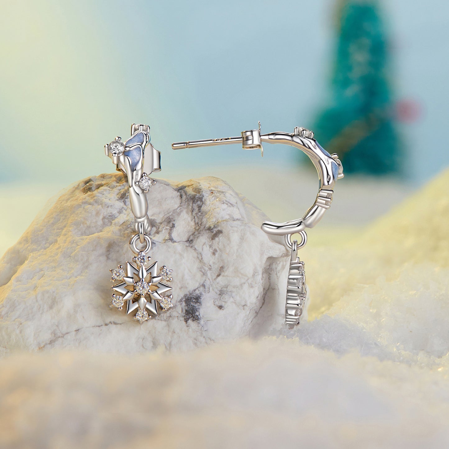 Drop Earrings Flower And Snowflake S925 Silver With CZ Stones