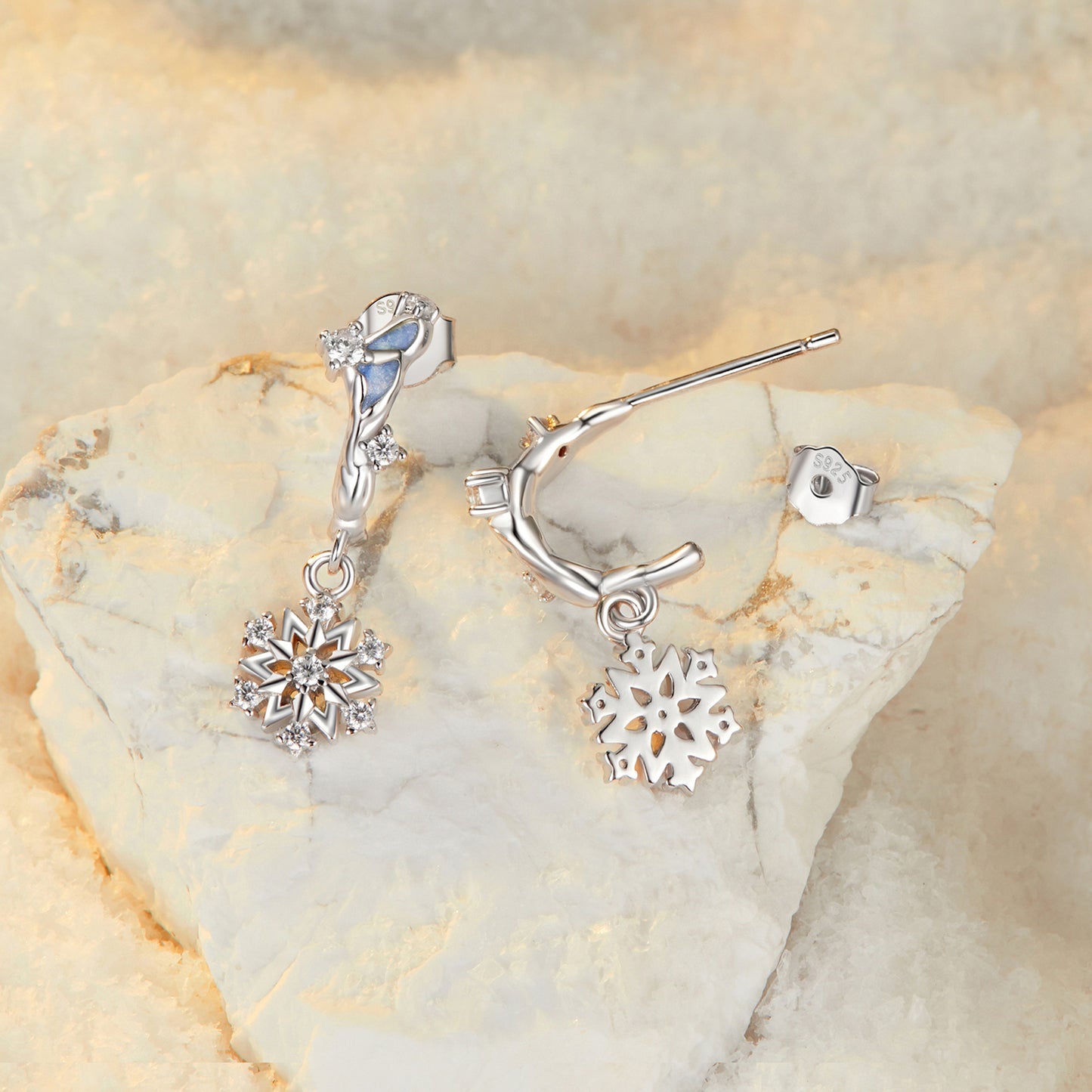 Drop Earrings Flower And Snowflake S925 Silver With CZ Stones