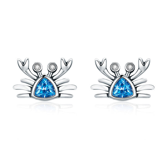 Boucles D'Oreilles Puces Crabes Mignons Argent 925 Zircons Bleus