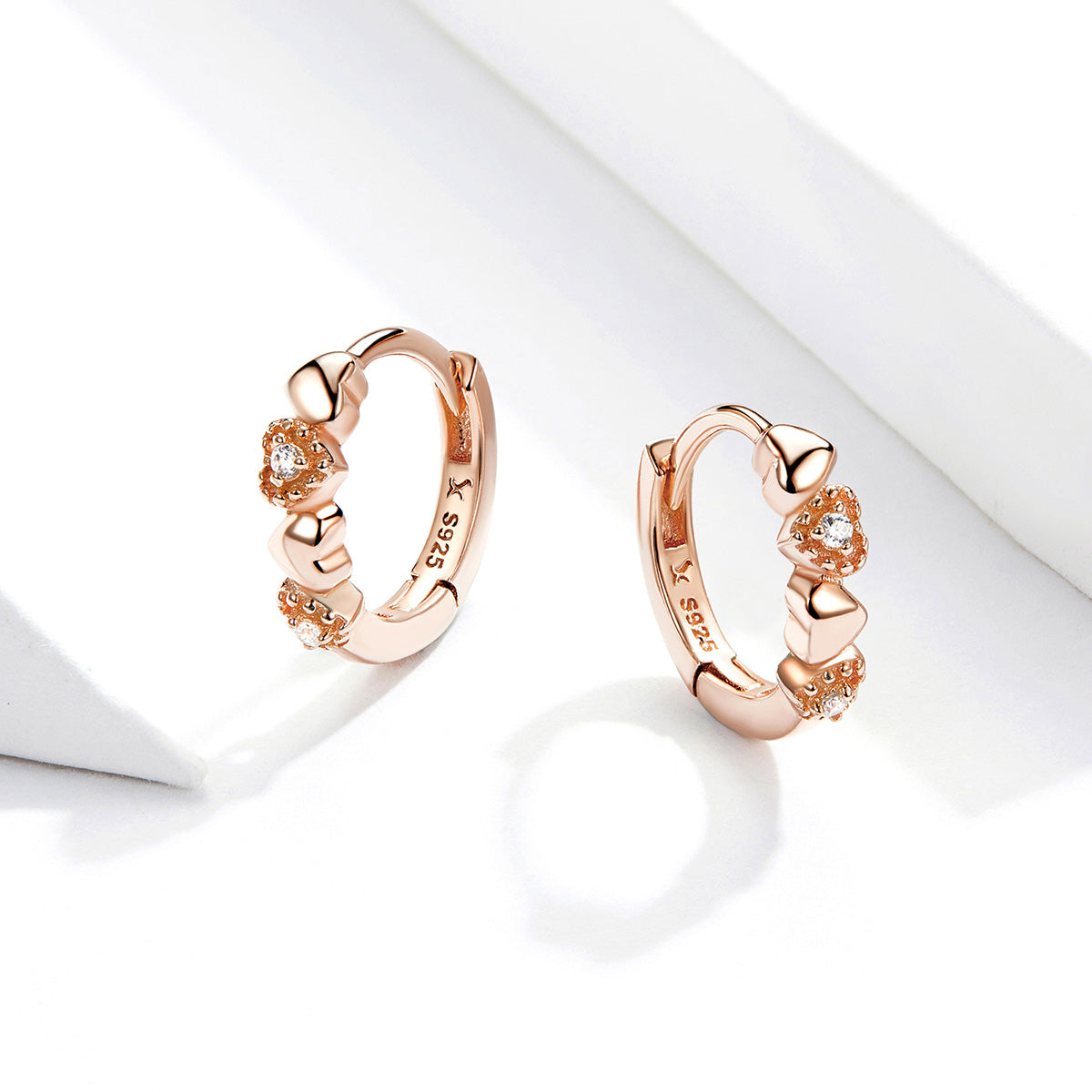 Hoop Earrings Shining Hearts S925 Silver Rose Gold Plated