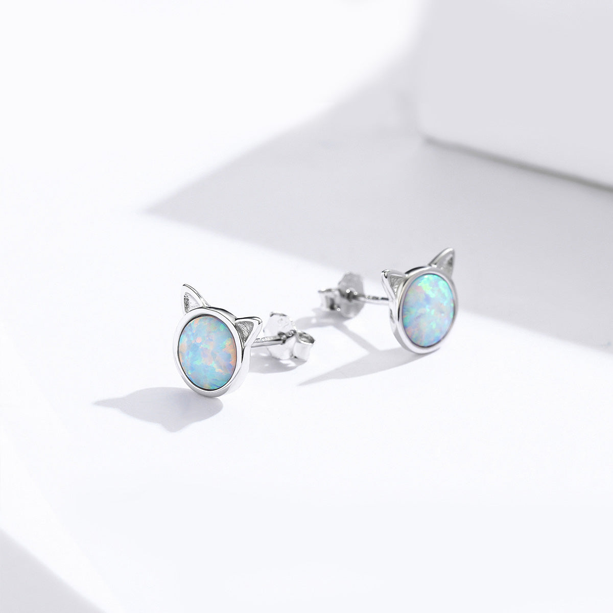 Stud Earrings Cat 925 Silver With Opal