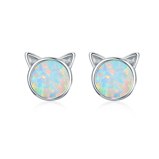 Stud Earrings Cat 925 Silver With Opal