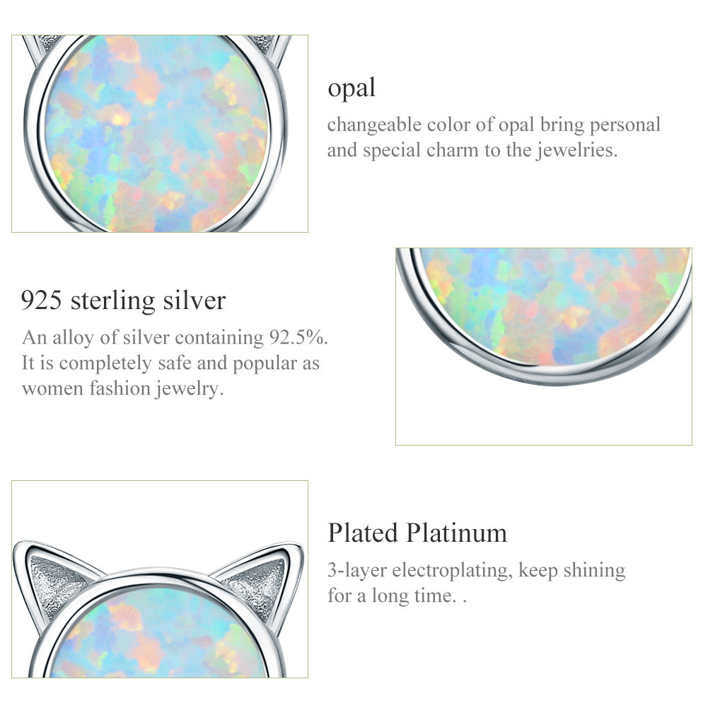 Stud Earrings Cat 925 Silver With Opal