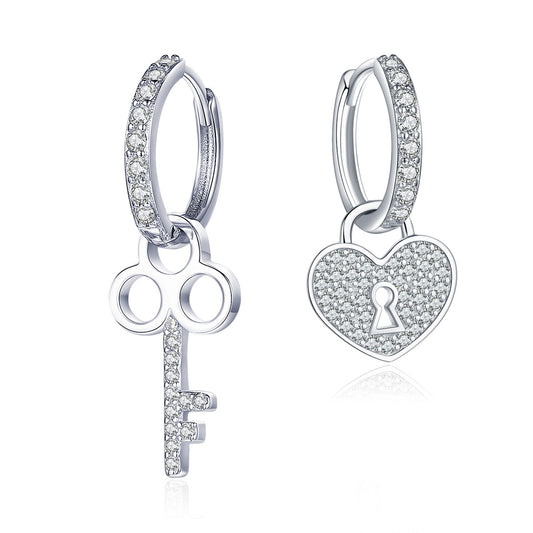 Boucles D'Oreilles Pendantes Clé &amp; Coeur Serrure Argent 925 Avec Zircons