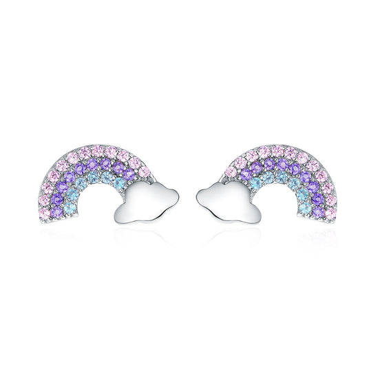 Boucles D'oreilles Puces Arc-en-ciel Sur Nuage Argent 925 Avec Pierres Colorées