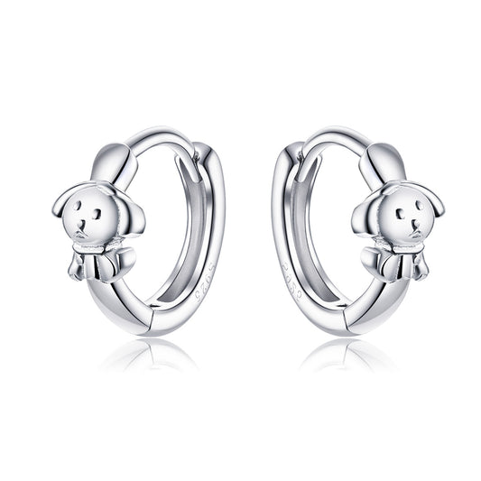 Boucles d'Oreilles Créoles Petit Chiot Chien Argent S925