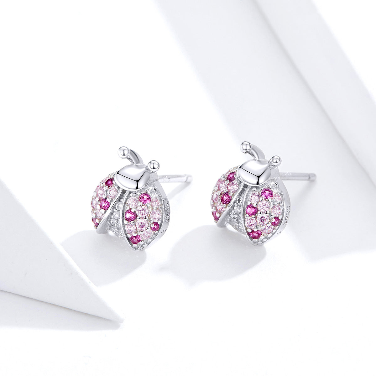 Stud Earrings Ladybug 925 Silver With Pink Stones