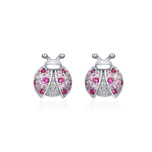 Stud Earrings Ladybug 925 Silver With Pink Stones