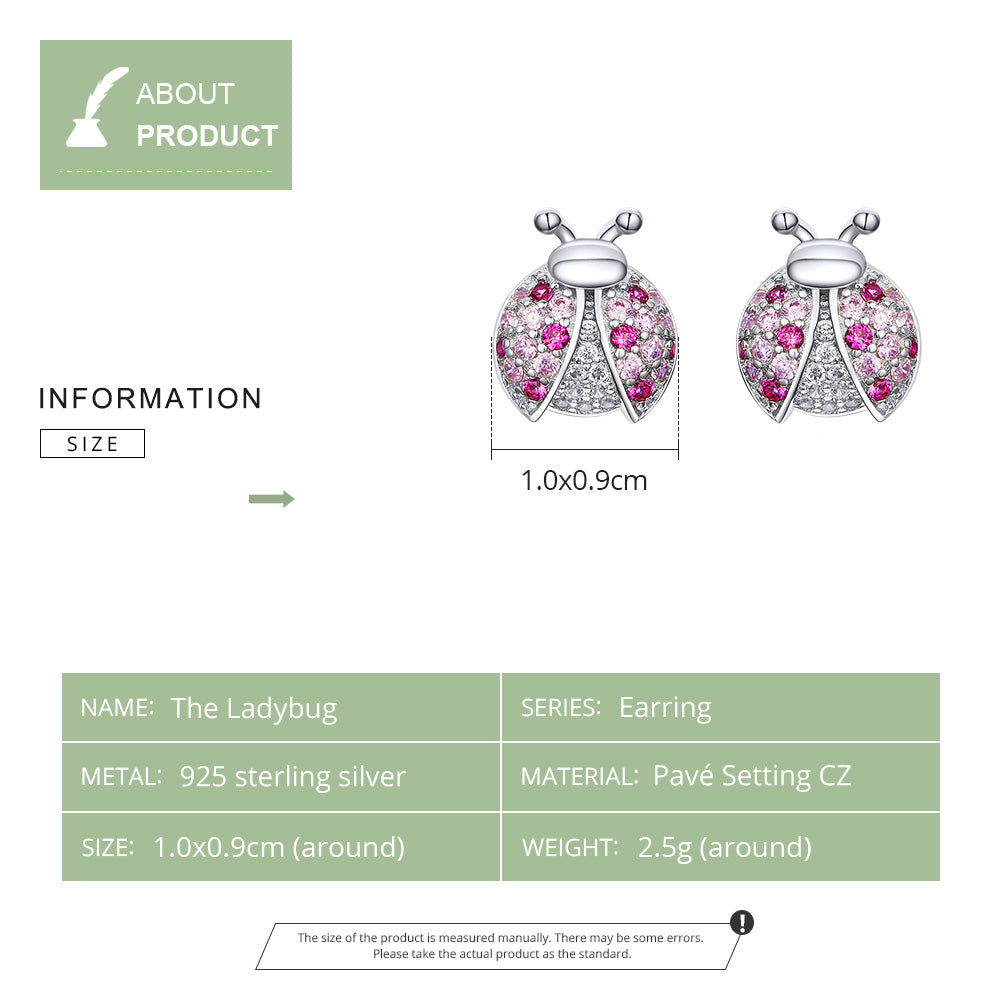 Stud Earrings Ladybug 925 Silver With Pink Stones