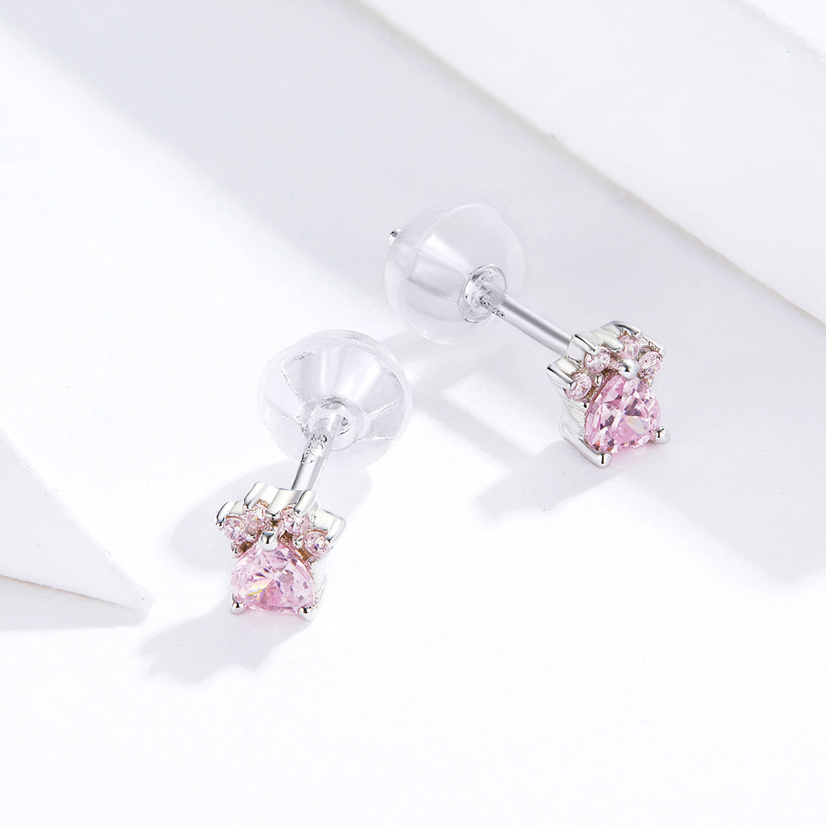 Boucles D'Oreilles Puces Empreintes De Pattes Argent 925 Avec Pierres Roses