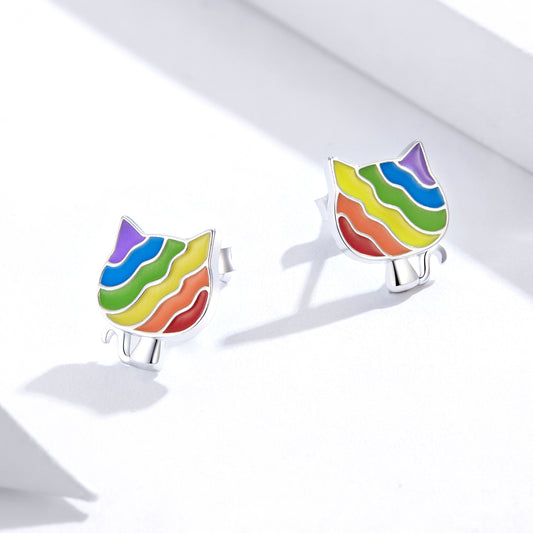 Stud Earrings Rainbow Cat 925 Silver White Gold Plated