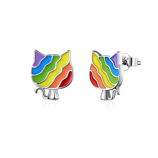 Boucles d'Oreilles Puces Chat Arc-en-Ciel Argent 925 Plaqué Or Blanc