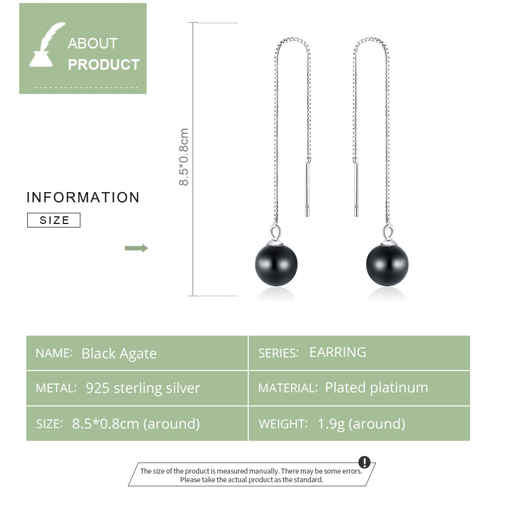 Boucles d'oreilles pendantes pendentif agate noire argent S925