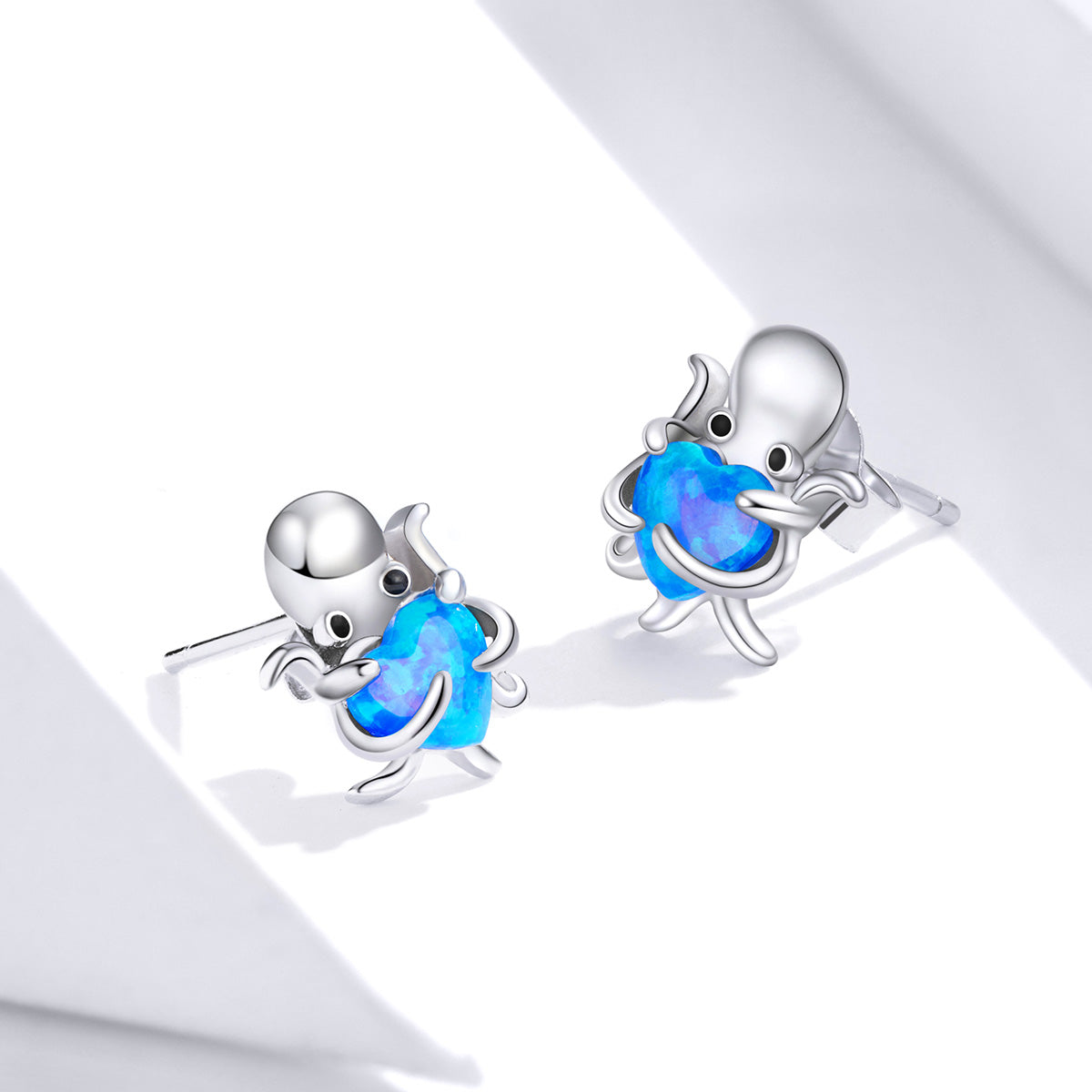 Stud Earrings Octopus Hold Opal Blue Heart 925 Silver