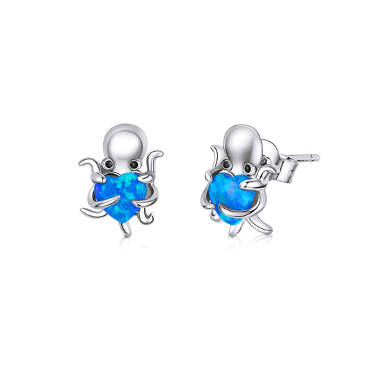 Boucles d'oreilles puces poulpe tenir opale coeur bleu argent 925