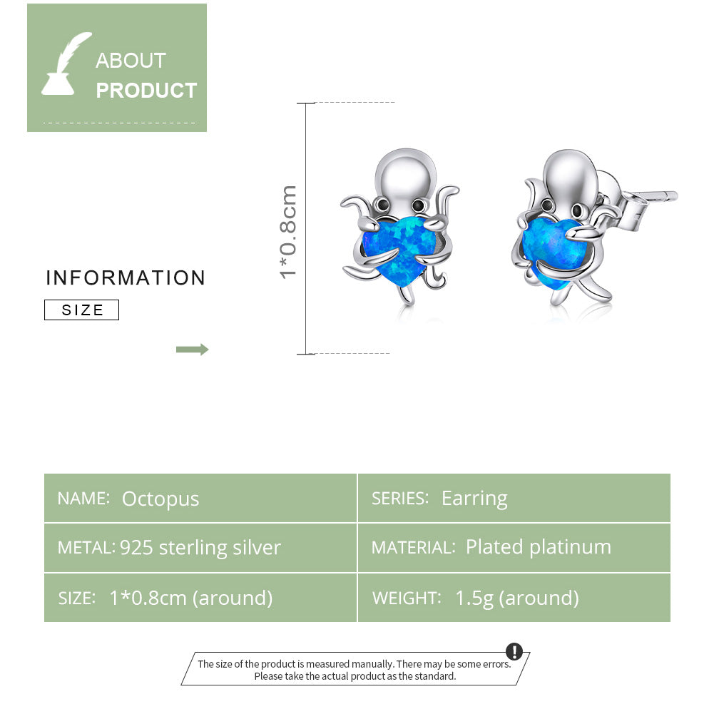 Stud Earrings Octopus Hold Opal Blue Heart 925 Silver