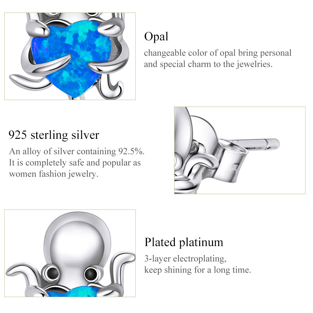 Stud Earrings Octopus Hold Opal Blue Heart 925 Silver