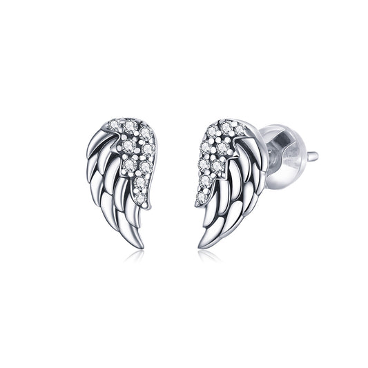 Stud Earrings Wings 925 Silver With CZ Stones