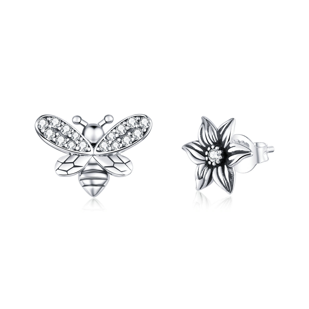 Stud Earrings Bee And Flower 925 Silver With CZ Stones