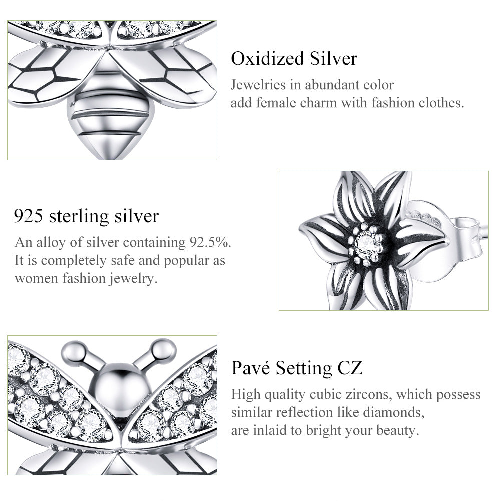 Stud Earrings Bee And Flower 925 Silver With CZ Stones