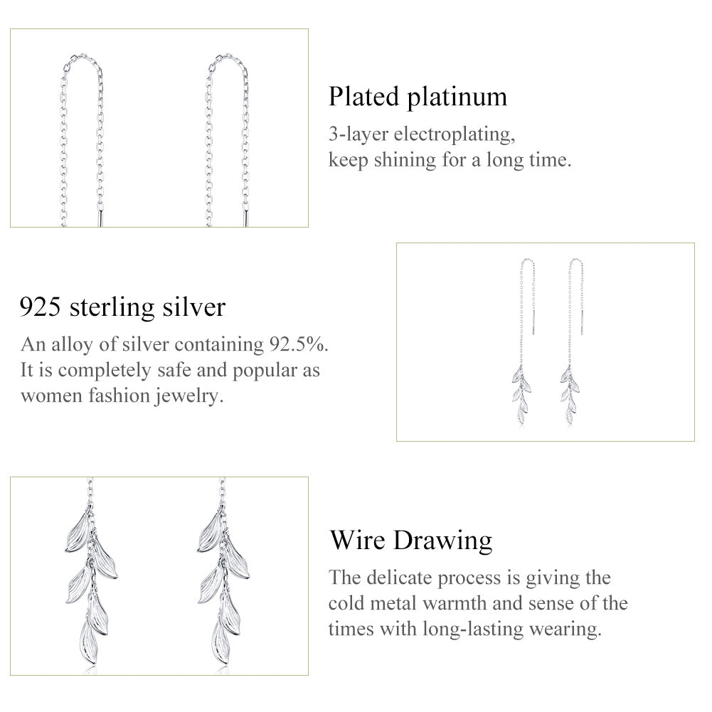 Drop Earrings Simple Leaves 925 Silver