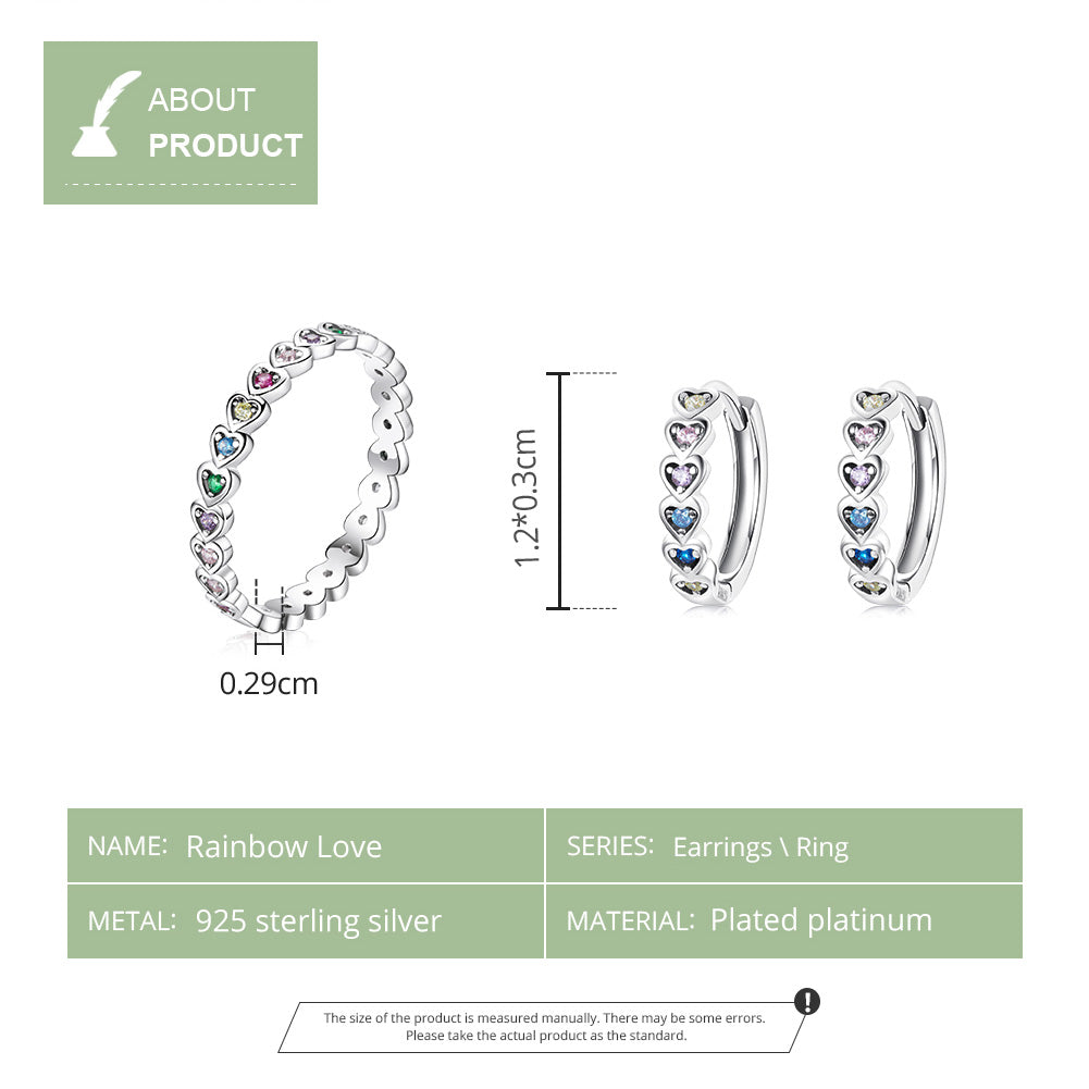 Hoop Earrings Rainbow Colors Hearts S925 Silver With Zircons