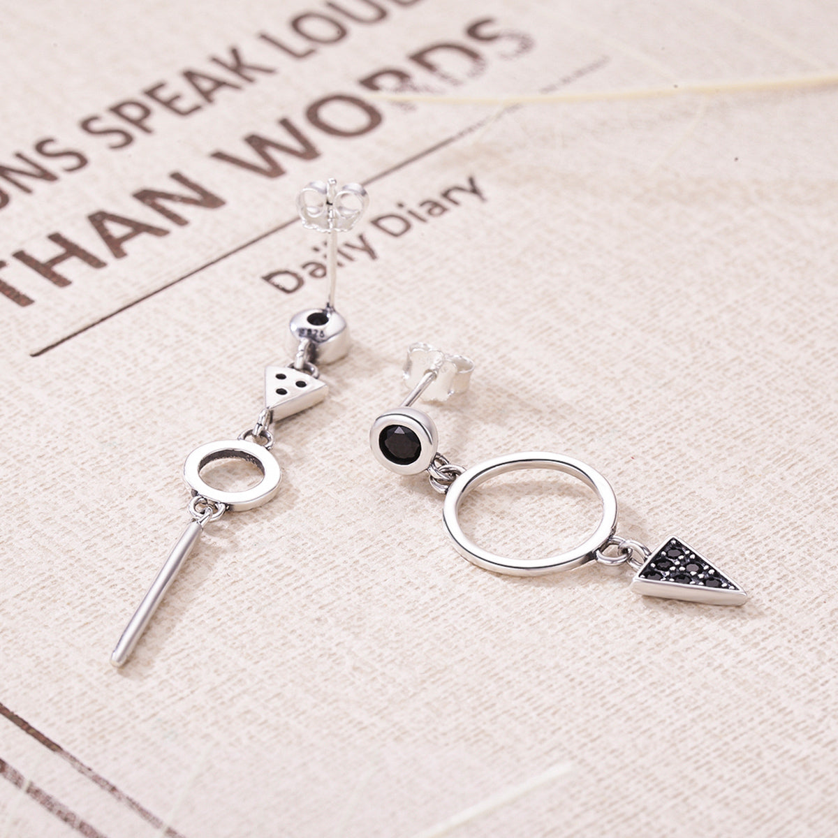 Drop Earrings Geometry 925 Silver With Black CZ Stones