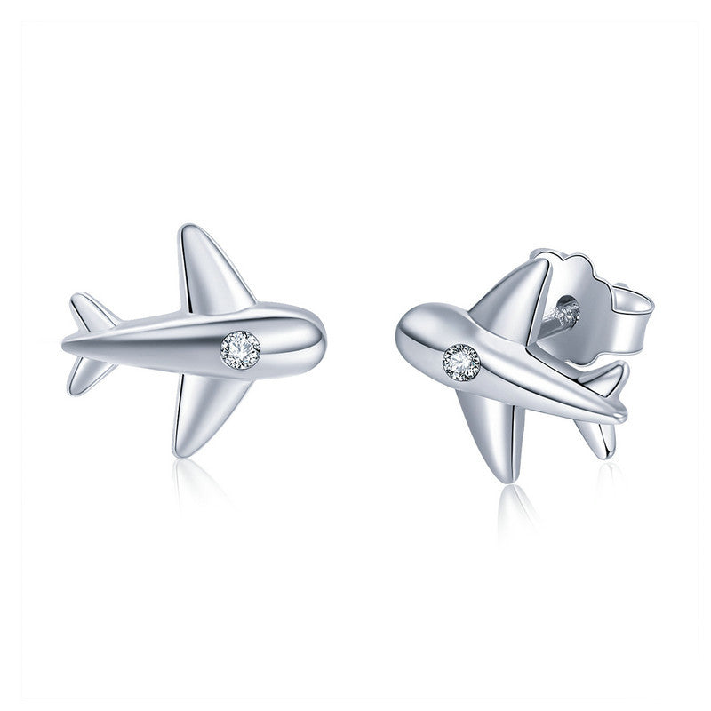 Stud Earrings Airplane S925 Silver Inlaid Zircons