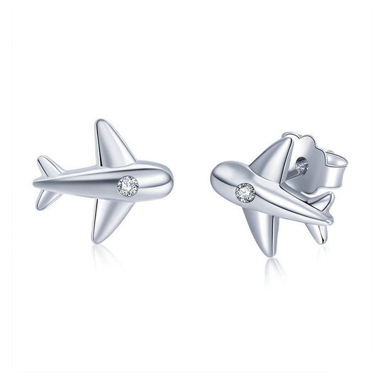 Stud Earrings Airplane S925 Silver Inlaid Zircons