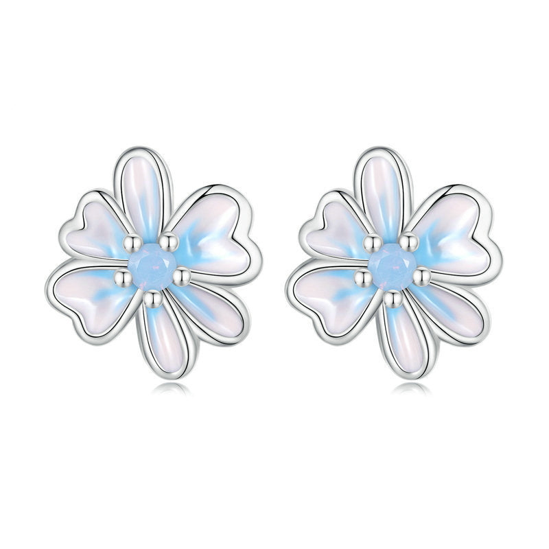 Small Fresh Pink Blue Flower Stud Earrings 925 Silver