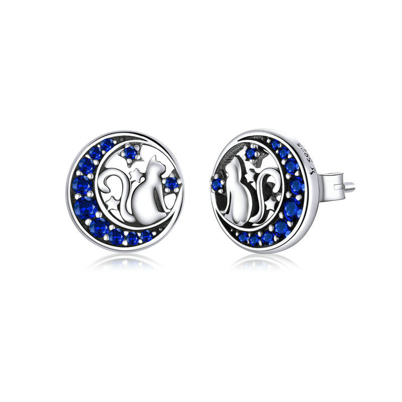 Moon Cat Stud Earrings S925 Silver Animal Collection