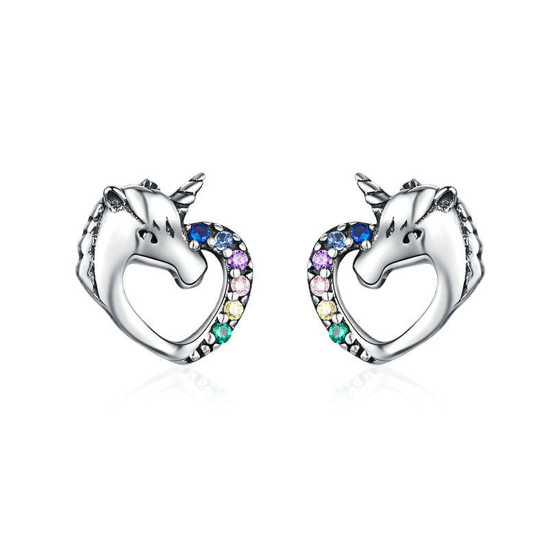 Unicorn Stud Earrings 925 Silver with Colorful CZ