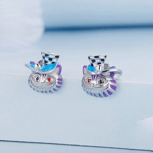 Stud Earrings Freaky Magician Cat S925 Silver