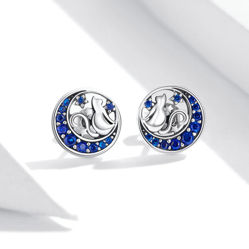 Moon Cat Stud Earrings S925 Silver Animal Collection