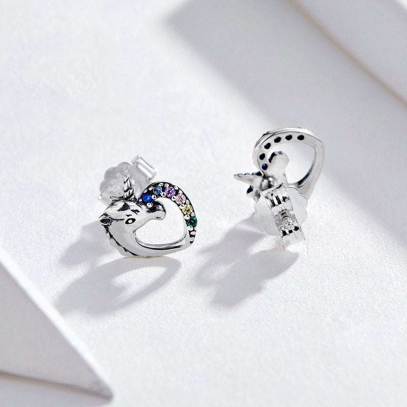 Unicorn Stud Earrings 925 Silver with Colorful CZ