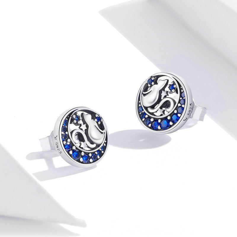 Moon Cat Stud Earrings S925 Silver Animal Collection