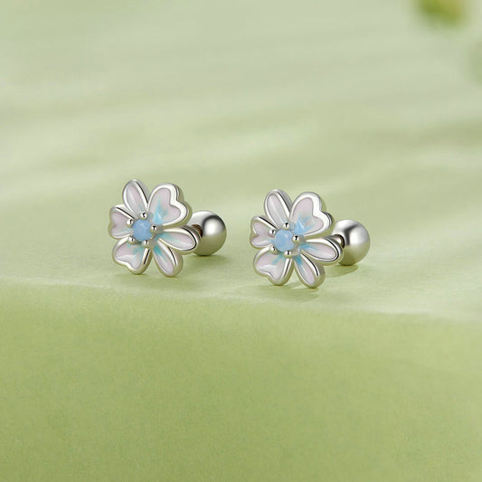 Small Fresh Pink Blue Flower Stud Earrings 925 Silver