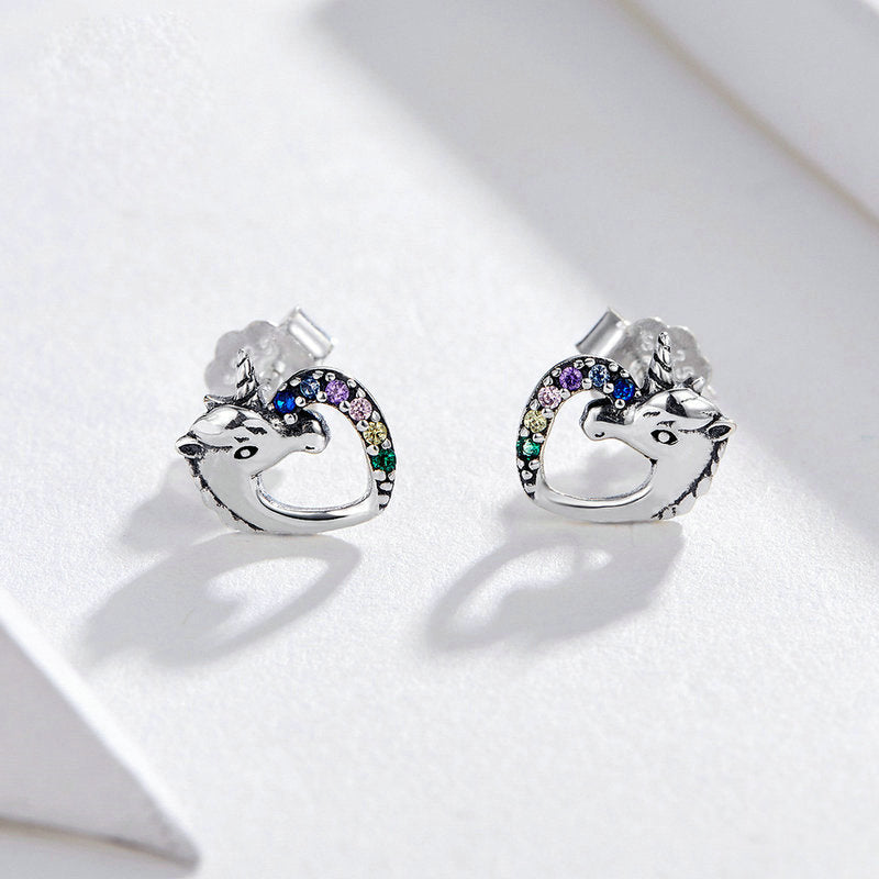 Unicorn Stud Earrings 925 Silver with Colorful CZ